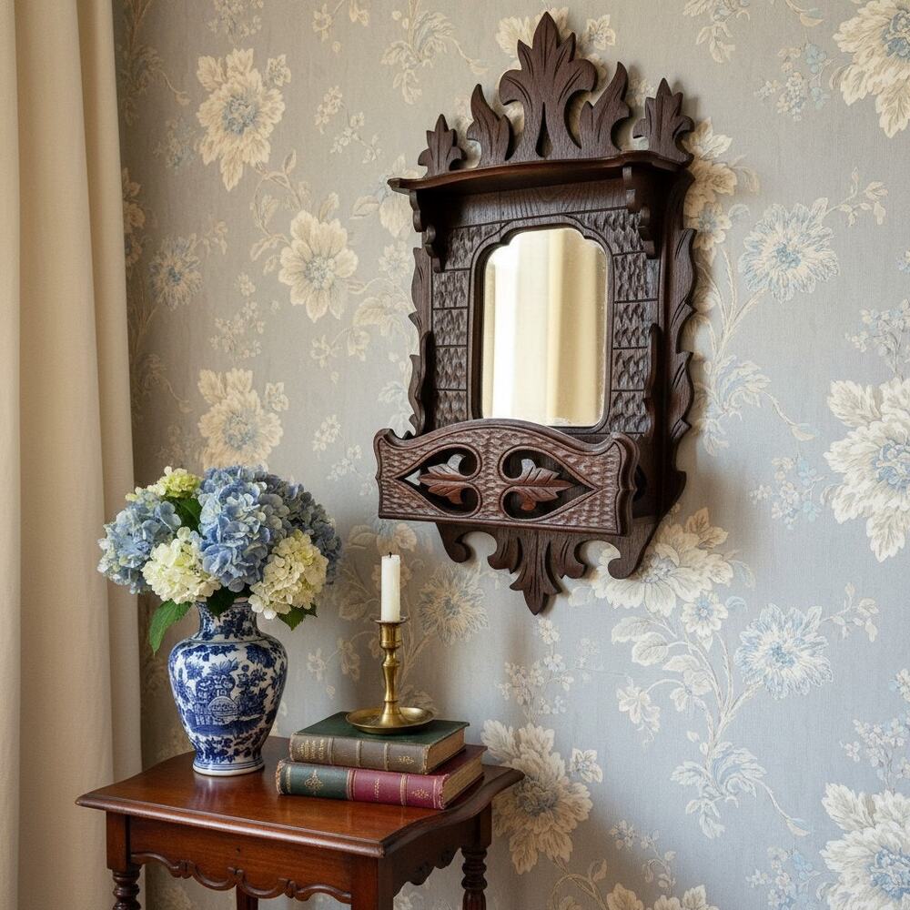 Antique Victorian Eastlake Wall Mirror Pocket Shelf-Carved Walnut-Gothic Hall